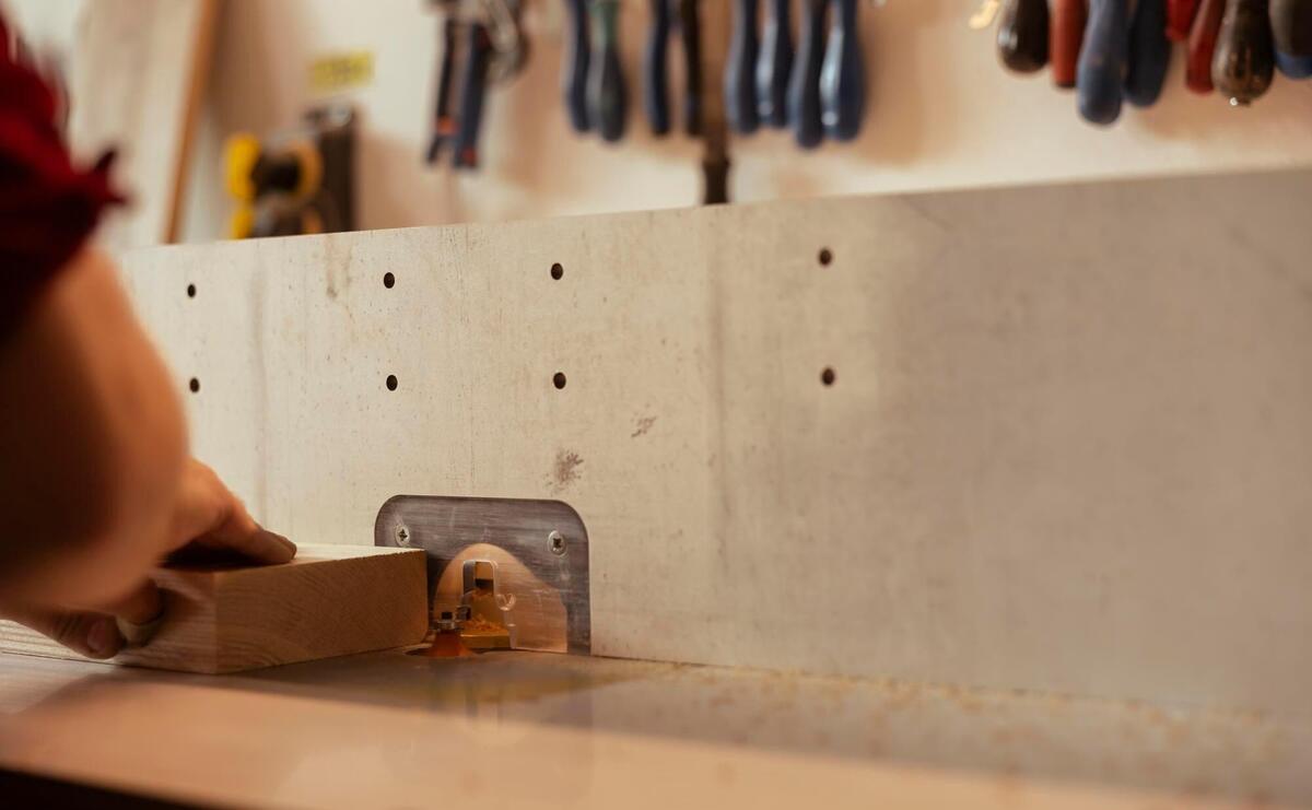 Carpenter performing tasks on wood shaper shaping and cutting materials