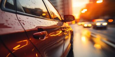 Soft evening light captures moving vehicles from a cars view