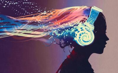 Woman with magic glowing headphones on dark background,illustration painting