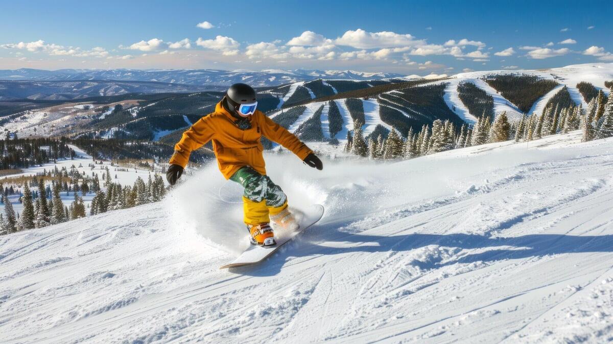 Photorealistic wintertime scene with people snowboarding