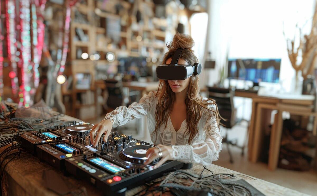 Medium shot woman djing with vr glasses