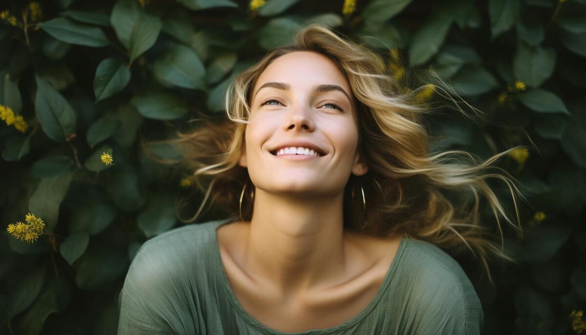 Young woman smiling outdoors enjoying the beauty of nature generated by artificial intelligence