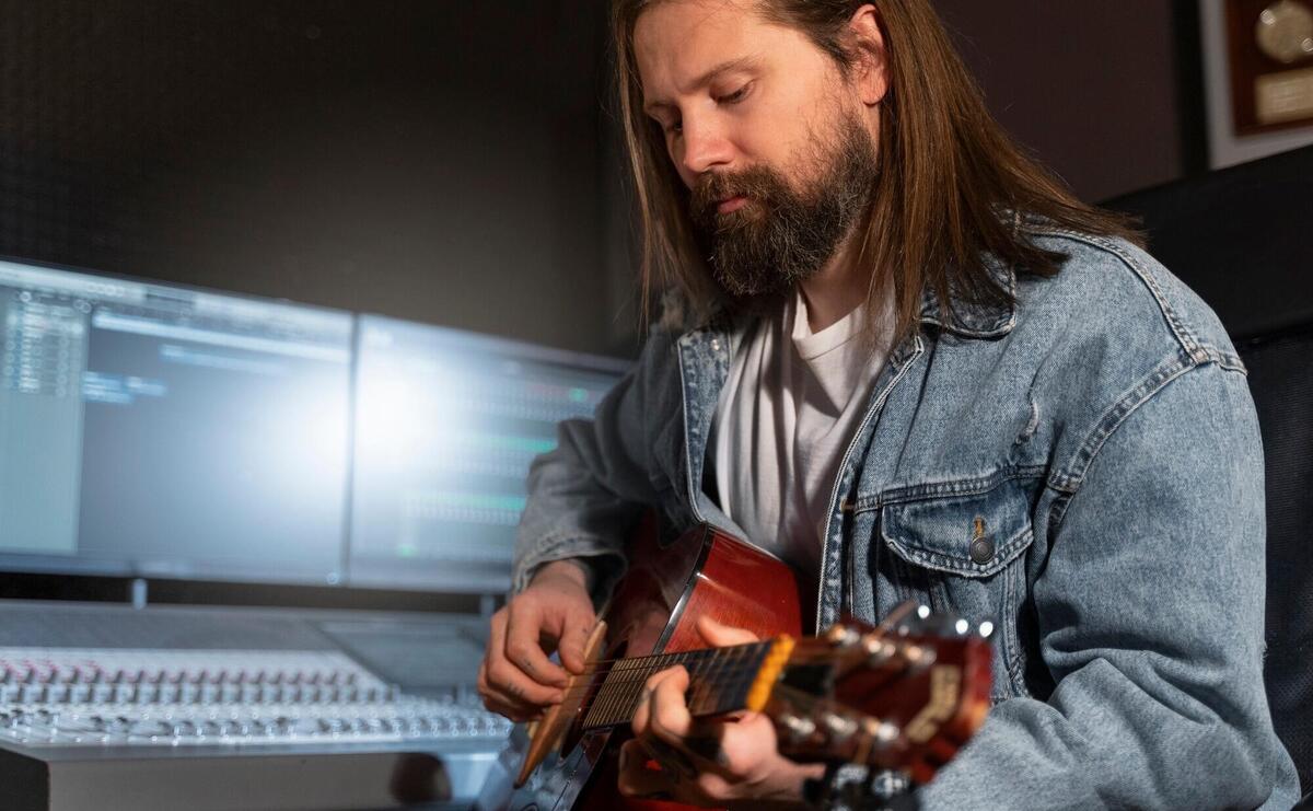 Medium shot man playing the guitar in studio