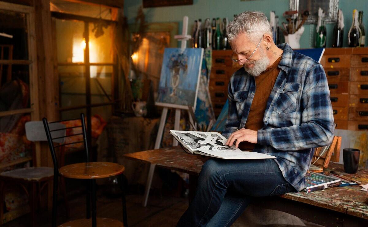 Side view man with drawing notebook