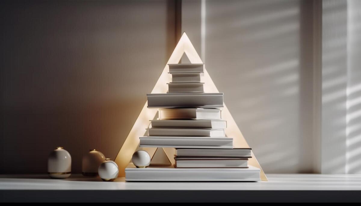 A stack of books with a triangle shaped light on the top.