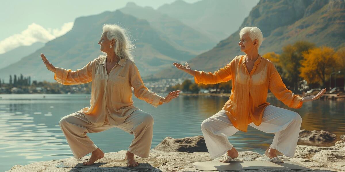 At a serene lake two mature women are enjoying practicing martial arts