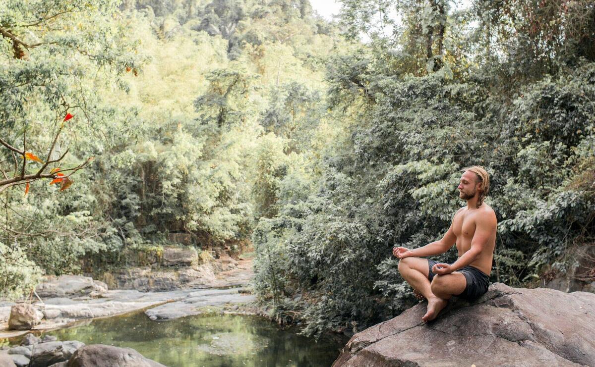 the guy is meditating on a stone in the forest