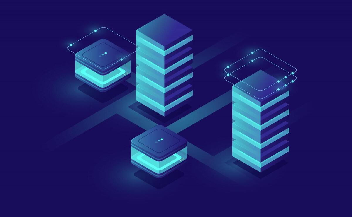 Concept of smart urban city with server room and database icons, data center and database