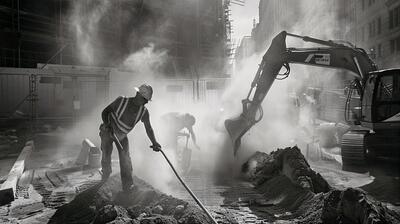 Monochrome scene depicting life of workers on a construction industry site