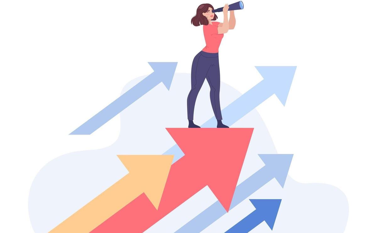 Girl standing on growing arrows and looking through binoculars. Woman searching for opportunity or job flat vector illustration. Business strategy, goal, pathway, career concept