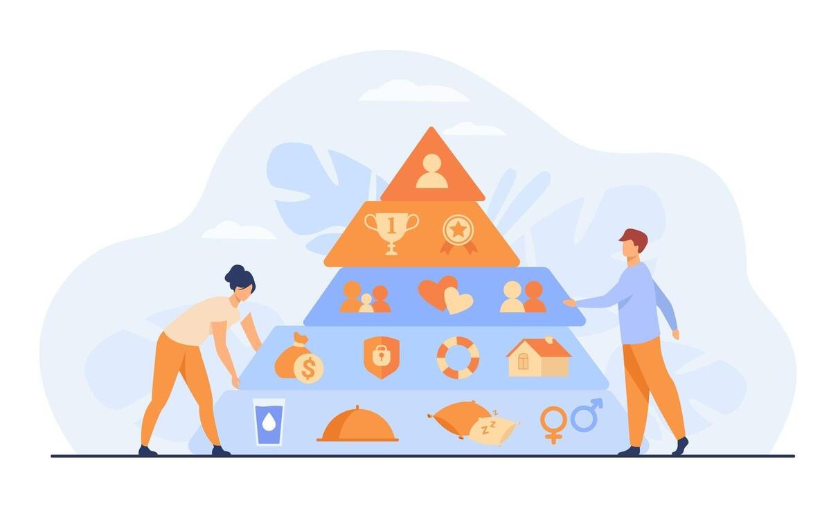 Tiny people near Maslow pyramid flat vector illustration. Cartoon triangle pyramid with graphic hierarchy levels. Sociology theory and wellness measurement concept