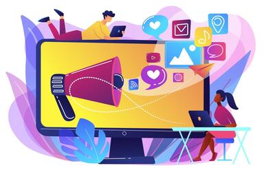 Marketing specialists and computer with megaphone and social media icons. Social media marketing, social networking, internet marketing concept. Bright vibrant violet  isolated illustration