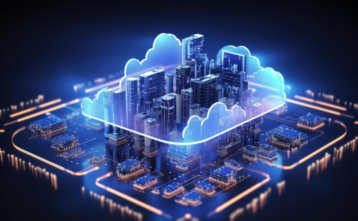 Cloud computing concept image double exposure Digitally Enhanced Smart City Concept Cloud Computing