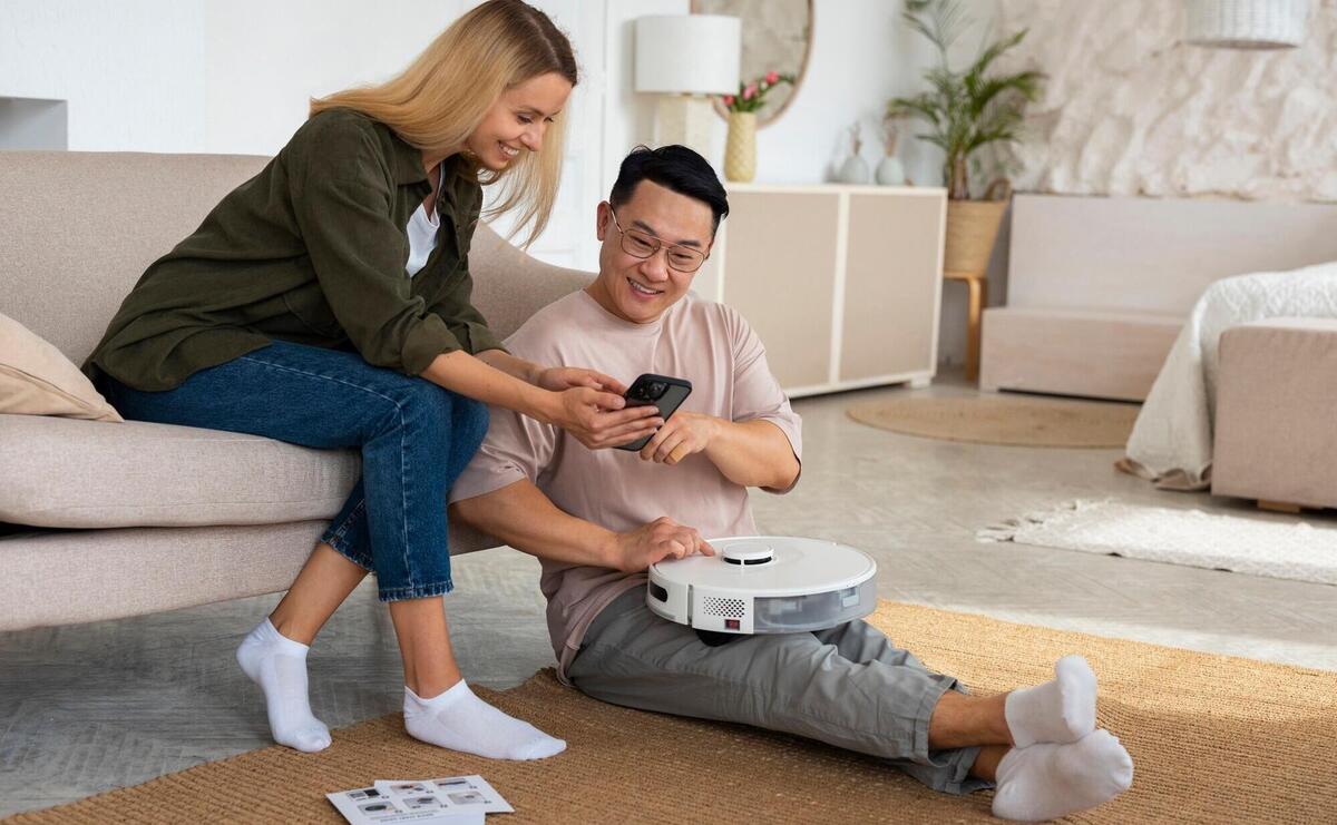 Full shot couple with robotic vacuum cleaner at home