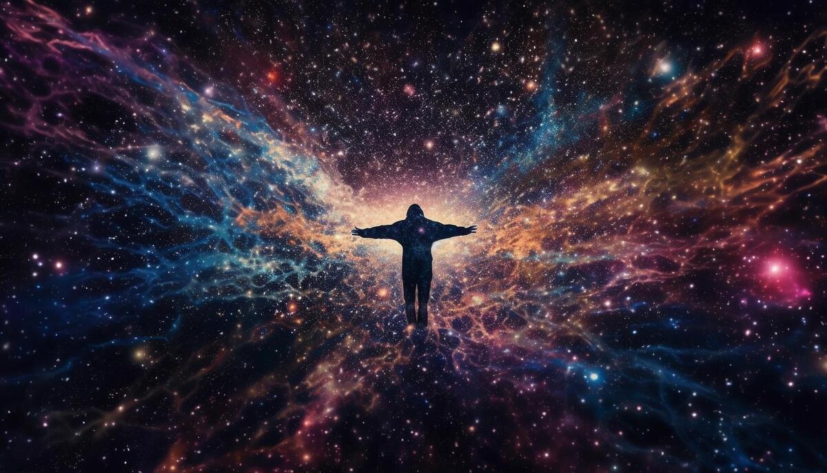 Exploring the deep galaxy one person illuminated by star field generated by AI