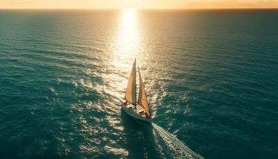 Luxury yacht sails towards sunset on water generated by AI