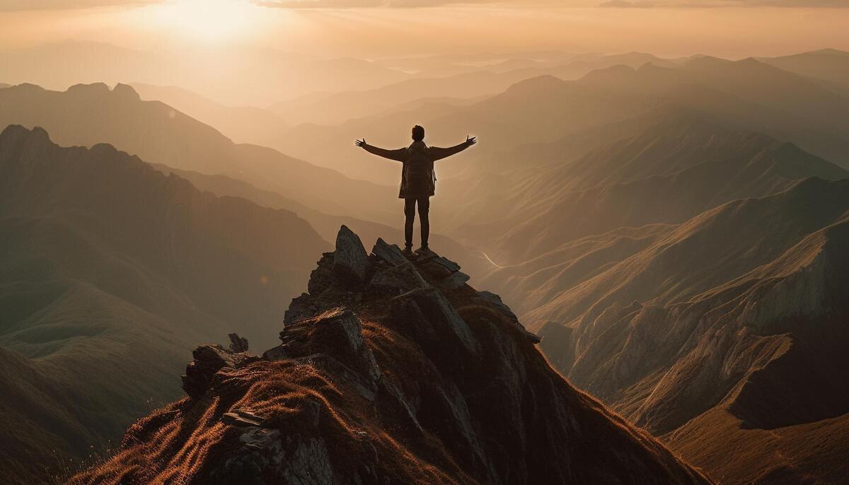 Standing triumphantly atop rocky mountain peak arms raised generated by AI