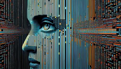 Futuristic computer graphic of glowing human face generative AI