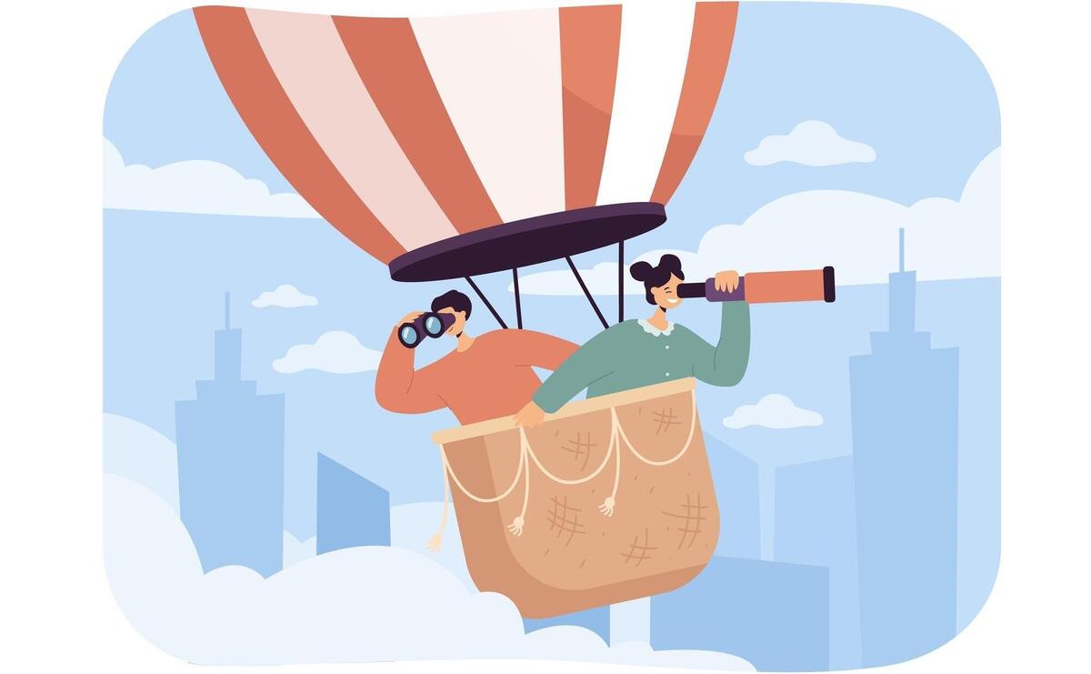 Happy people in air balloon flat vector illustration. Man and woman or employees looking through binoculars and searching for creative vacancies, finding work. Job hunting, research concept